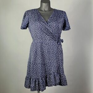 Relipop Navy Blue Polka‎ Dot Wrap Mini Dress Ruffle Hem V-Neck Short Sleeve L